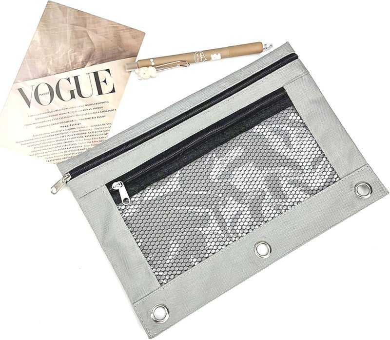 ASBEFORE Pencil Pouch for 3 Ring Binder - 3 Hole Zipper Pen Case Bag Holder Bulk Accessories Clear Window Aesthetic Organizer Pockets (Grey, 1) - Image 3